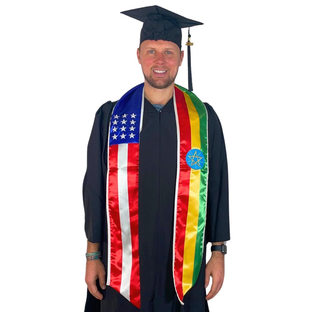 8859 Two Flag Graduation Sash Stole USA + International Ethiopia & USA